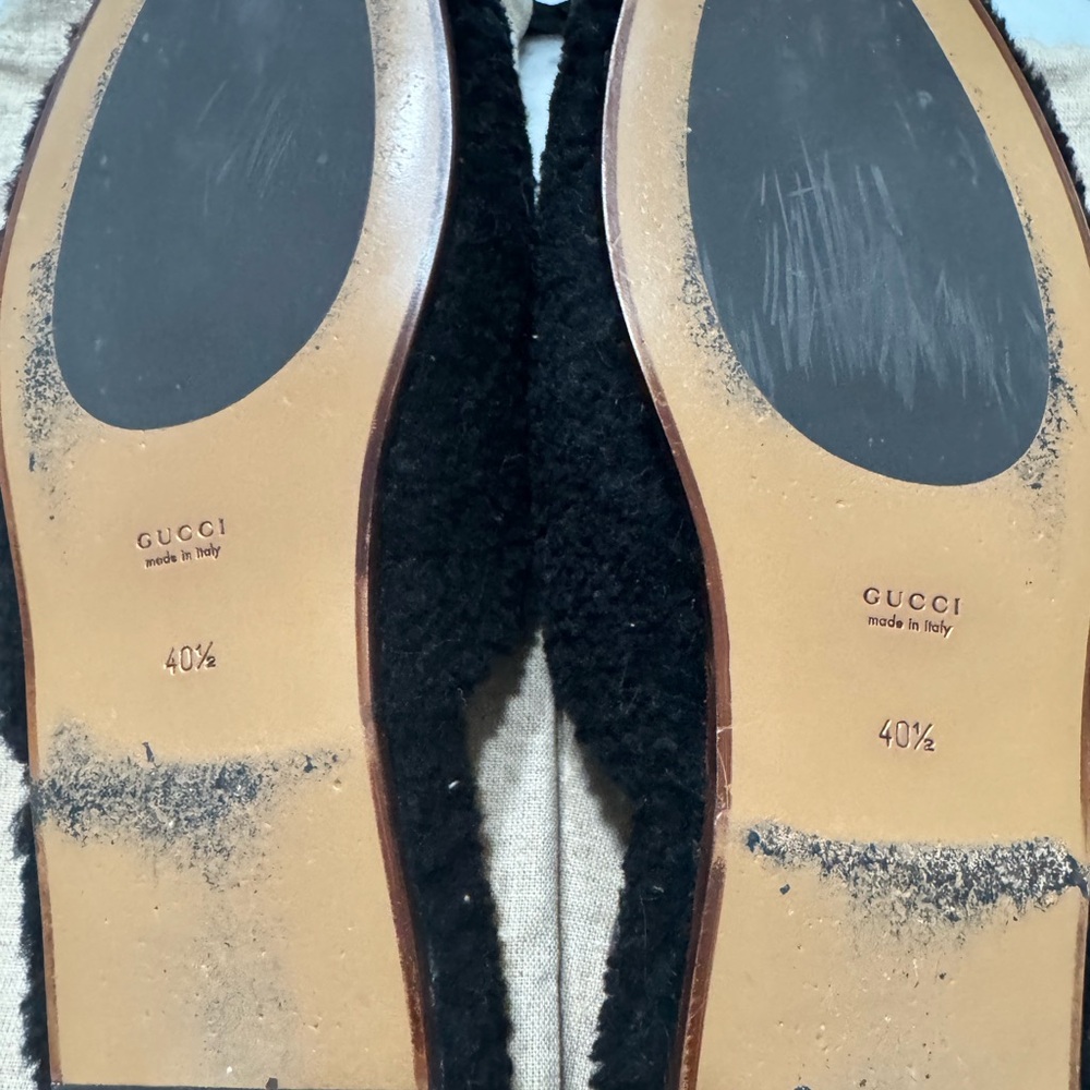Gucci Black Fuzzy Slip-On Mules with Tan Leather Soles - Picture 4 of 7